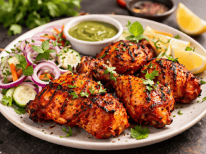 Grilled chicken drumsticks served with fresh vegetables, lemon wedges, and a side of green sauce for.